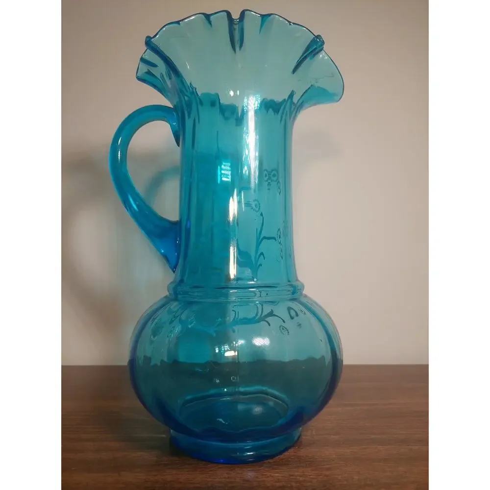 Antique Victorian / Ruffled Paneled Blue Glass PITCHER / Hand Painted Flowers